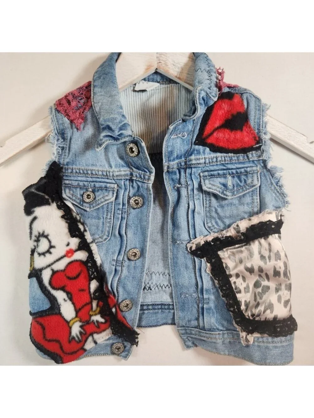 GAP Kids Custom DIY Punk Denim Vest Betty Boop Skull Lace Patches Blue 2-3